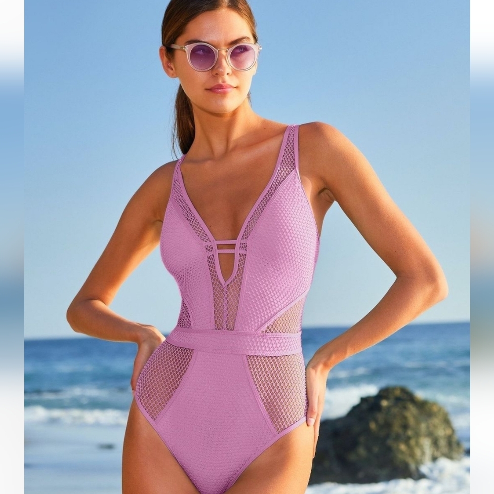 Becca Network Show and Tell Plunge Shimmer Lilac Purple One Piece Swimsuit Small